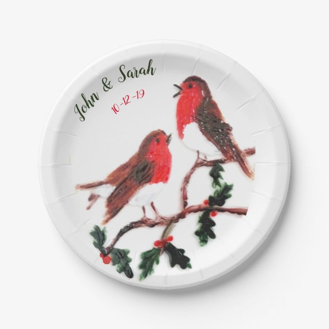 Two Robin Birds Winter Holly Wedding Paper Plate (Front)