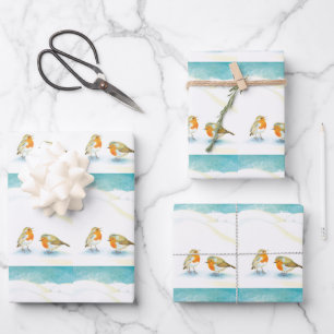 Two Robin redbreasts in Winter Wrapping Paper Sheet