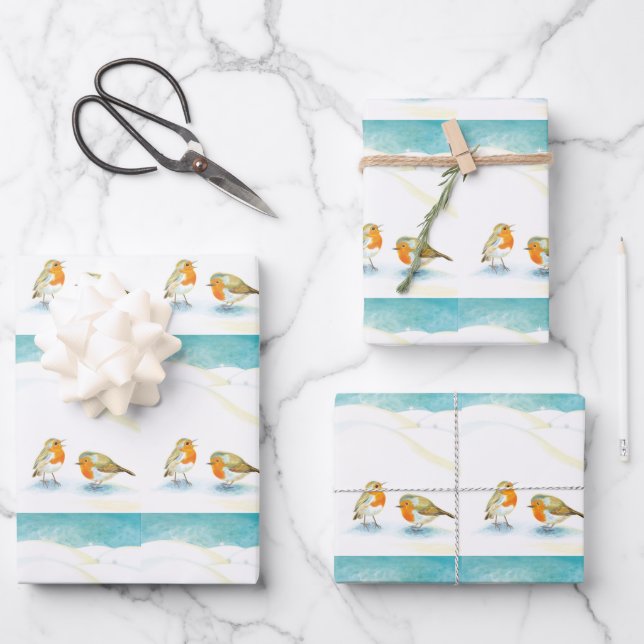 Two Robin redbreasts in Winter Wrapping Paper Sheet (Front)