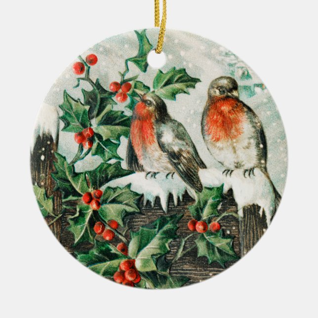 Two robins on a fence in the snow ceramic tree decoration (Front)