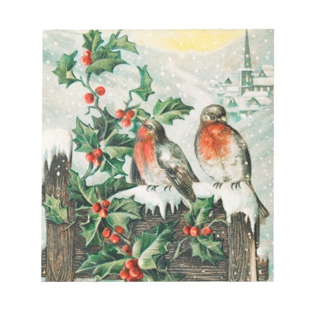 Two robins on a fence in the snow notepad (Front)