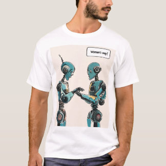 Two robots facing each other, one writing a greeti T-Shirt