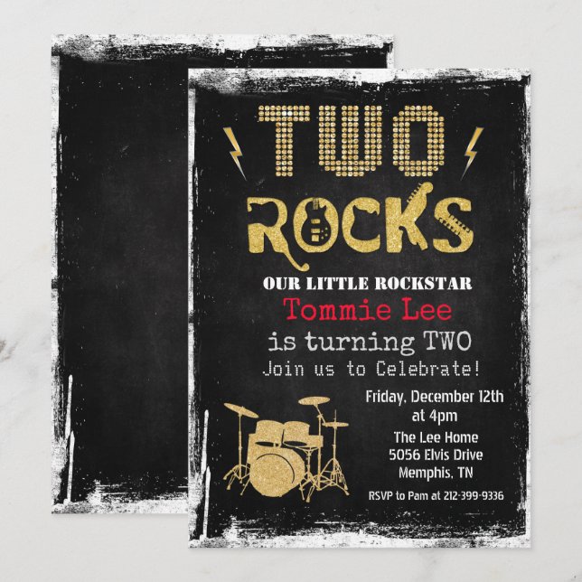 Two Rocks Rockstar Drumset 2nd Birthday Invitation (Front/Back)