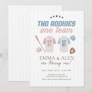 Two Rookies One Team Baseball Sibling Birthday Invitation