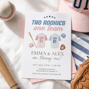 Two Rookies One Team Baseball Sibling Birthday Invitation