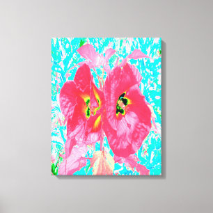 Two Rosy Red Coral Plum Crazy Hibiscus on Aqua Canvas Print