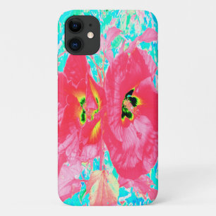Two Rosy Red Coral Plum Crazy Hibiscus on Aqua iPhone 11 Case