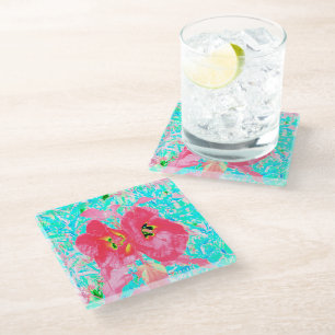 Two Rosy Red Coral Plum Crazy Hibiscus on Aqua Glass Coaster