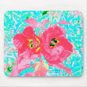 Two Rosy Red Coral Plum Crazy Hibiscus on Aqua Mouse Mat