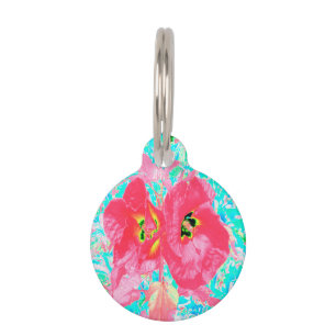 Two Rosy Red Coral Plum Crazy Hibiscus on Aqua Pet Tag