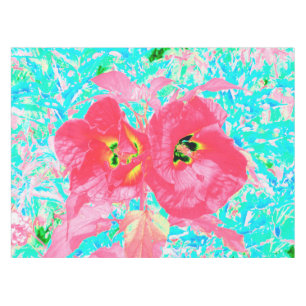 Two Rosy Red Coral Plum Crazy Hibiscus on Aqua Tablecloth