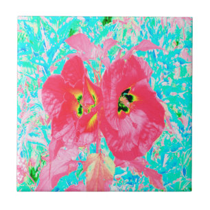 Two Rosy Red Coral Plum Crazy Hibiscus on Aqua Tile