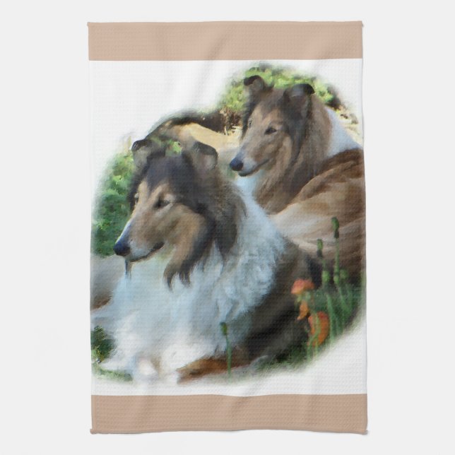 Two Sable Rough Collies Art Gifts Tea Towel (Vertical)