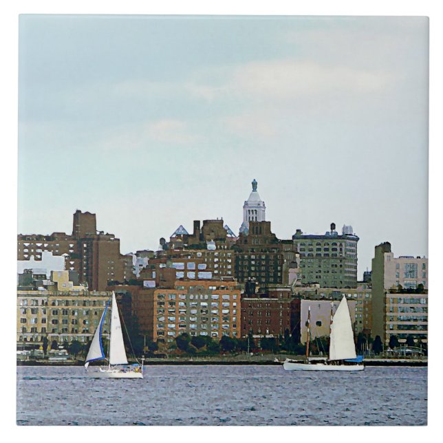 Two Sailboats Against Manhattan Skyline Tile (Front)