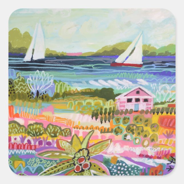 Two Sailboats and Cottage Square Sticker (Front)
