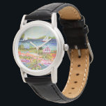 Two Sailboats and Cottage Watch<br><div class="desc">Two Sailboats and Cottage I by Karen Fields. Bright,  fun scene with flowers,  trees,  a cottage,  and sailboats out on the water.</div>