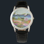 Two Sailboats and Cottage Watch<br><div class="desc">Two Sailboats and Cottage I by Karen Fields. Bright,  fun scene with flowers,  trees,  a cottage,  and sailboats out on the water.</div>