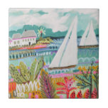 Two Sailboats Tile<br><div class="desc">Two Sailboats and Cottage II by Karen Fields. Features two sailboats floating in the water surrounded by colourful flowers and cottages.</div>
