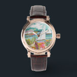 Two Sailboats Watch<br><div class="desc">Two Sailboats and Cottage II by Karen Fields. Features two sailboats floating in the water surrounded by colourful flowers and cottages.</div>