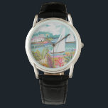 Two Sailboats Watch<br><div class="desc">Two Sailboats and Cottage II by Karen Fields. Features two sailboats floating in the water surrounded by colourful flowers and cottages.</div>