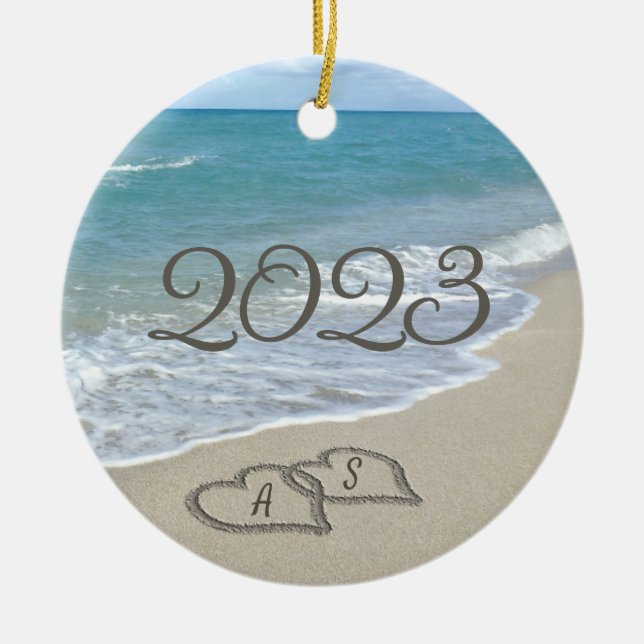 Two Sand Hearts on the Beach Ceramic Tree Decoration (Front)