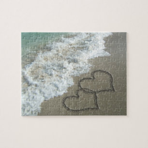Two Sand Hearts on the Beach Jigsaw Puzzle