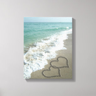 Two Sand Hearts on the Beach, Romantic Ocean Canvas Print