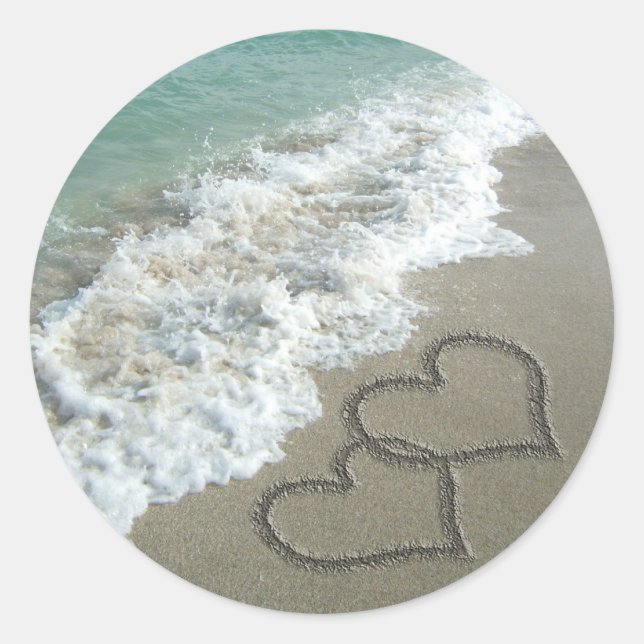 Two Sand Hearts on the Beach, Romantic Ocean Classic Round Sticker (Front)