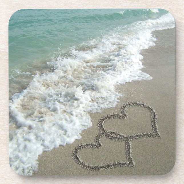 Two Sand Hearts on the Beach, Romantic Ocean Coaster (Front)