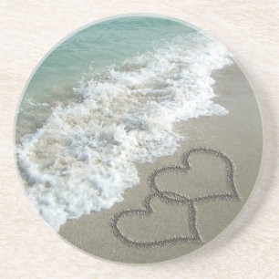 Two Sand Hearts on the Beach, Romantic Ocean Coaster