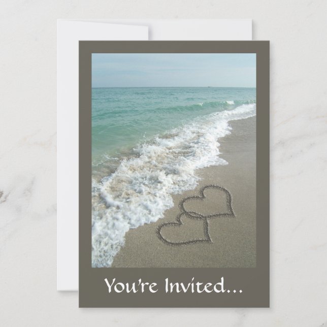 Two Sand Hearts on the Beach, Romantic Ocean Invitation (Front)