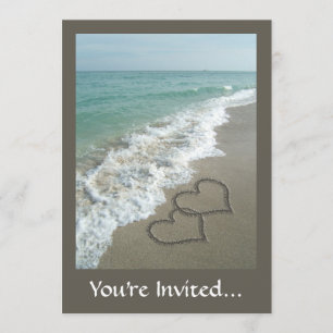 Two Sand Hearts on the Beach, Romantic Ocean Invitation