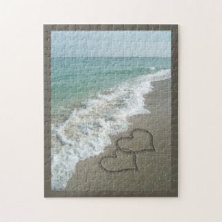 Two Sand Hearts on the Beach, Romantic Ocean Jigsaw Puzzle