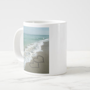 Two Sand Hearts on the Beach, Romantic Ocean Large Coffee Mug