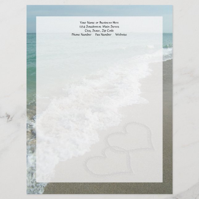 Two Sand Hearts on the Beach, Romantic Ocean Letterhead Template (Front)