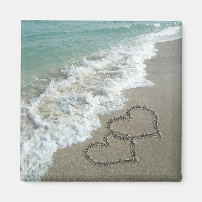Two Sand Hearts on the Beach, Romantic Ocean Magnet (Front)