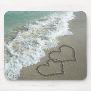 Two Sand Hearts on the Beach, Romantic Ocean Mouse Mat