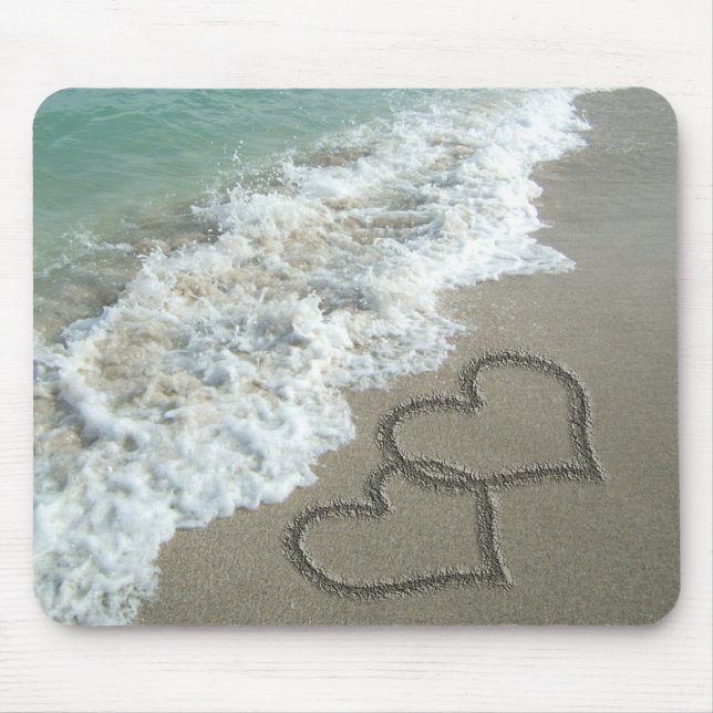 Two Sand Hearts on the Beach, Romantic Ocean Mouse Mat (Front)