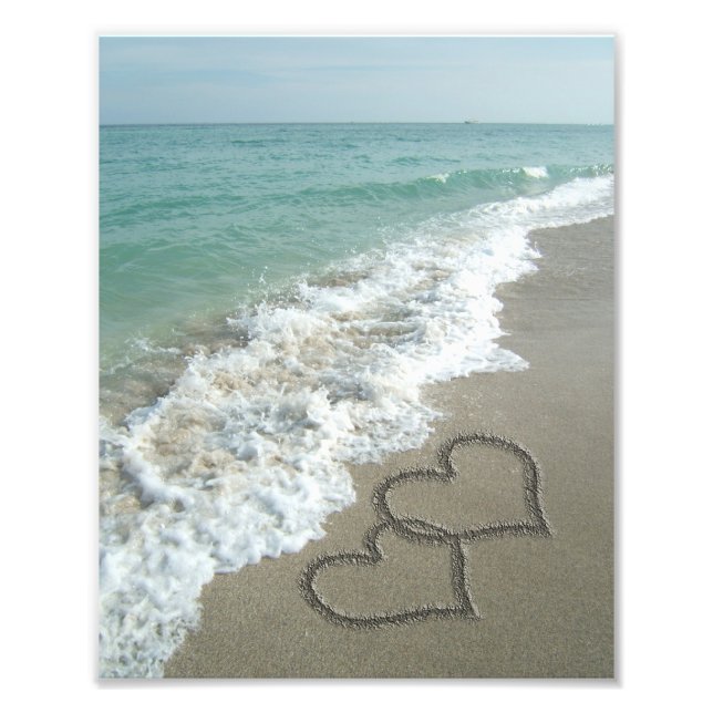 Two Sand Hearts on the Beach, Romantic Ocean Photo Print (Front)