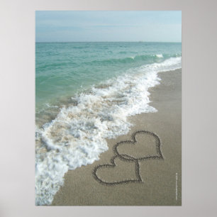 Two Sand Hearts on the Beach, Romantic Ocean Poster