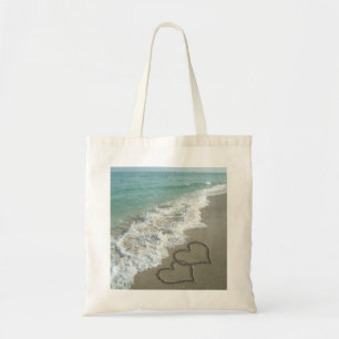 Two Sand Hearts on the Beach, Romantic Ocean Tote Bag