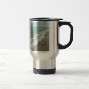 Two Sand Hearts on the Beach, Romantic Ocean Travel Mug
