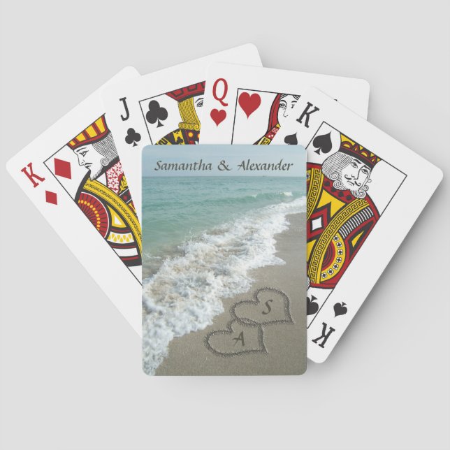 Two Sand Hearts on the Beach Wedding Playing Cards (Back)