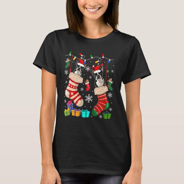 Two Santa Boston Terrier Dogs In Christmas Socks   T-Shirt (Front)
