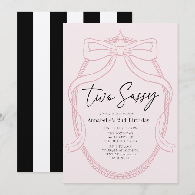 Two Sassy Pink Tiara & Bow Girl 2nd Birthday Invitation (Front/Back)