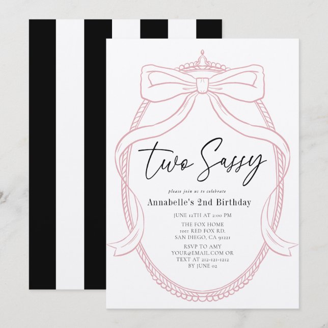 Two Sassy Pink Tiara & Bow Girl 2nd Birthday Invitation (Front/Back)