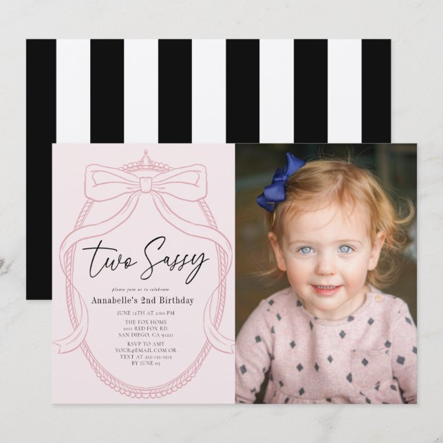 Two Sassy Pink Tiara & Bow Girl Photo 2nd Birthday Invitation (Front/Back)