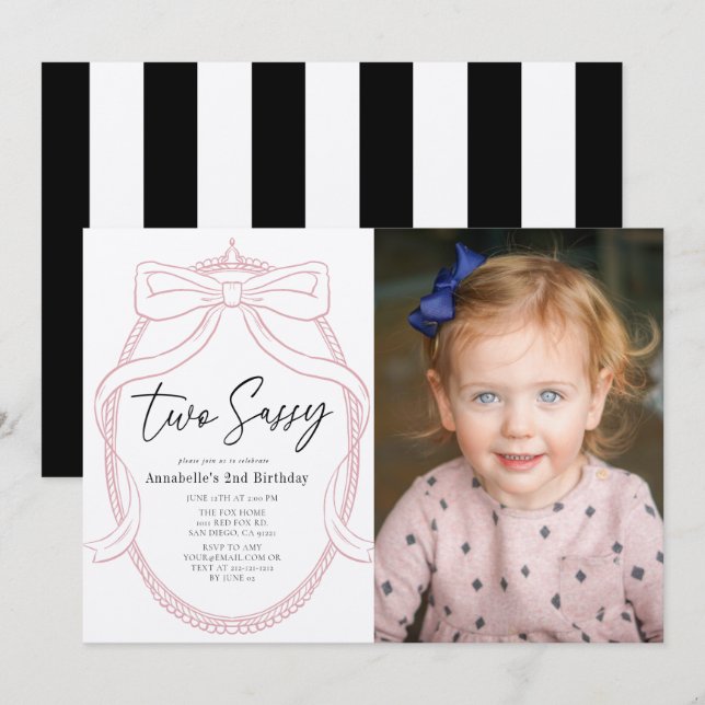 Two Sassy Pink Tiara & Bow Girl Photo 2nd Birthday Invitation (Front/Back)