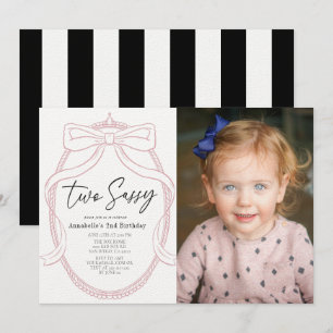 Two Sassy Pink Tiara & Bow Girl Photo 2nd Birthday Invitation