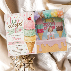 Two Scoops Of Fun 2nd Birthday Party Invitation